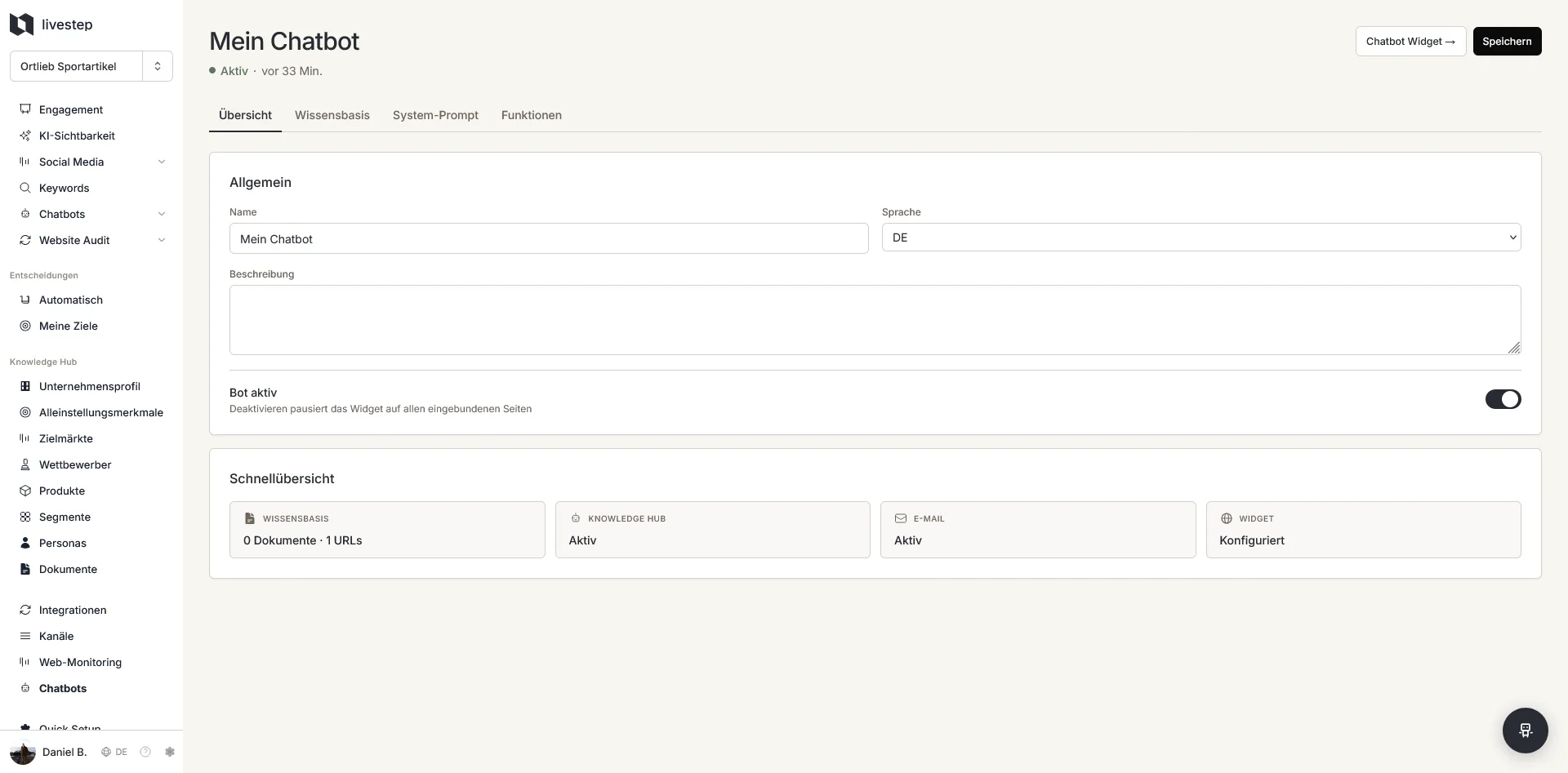 AI chatbot configuration and live view