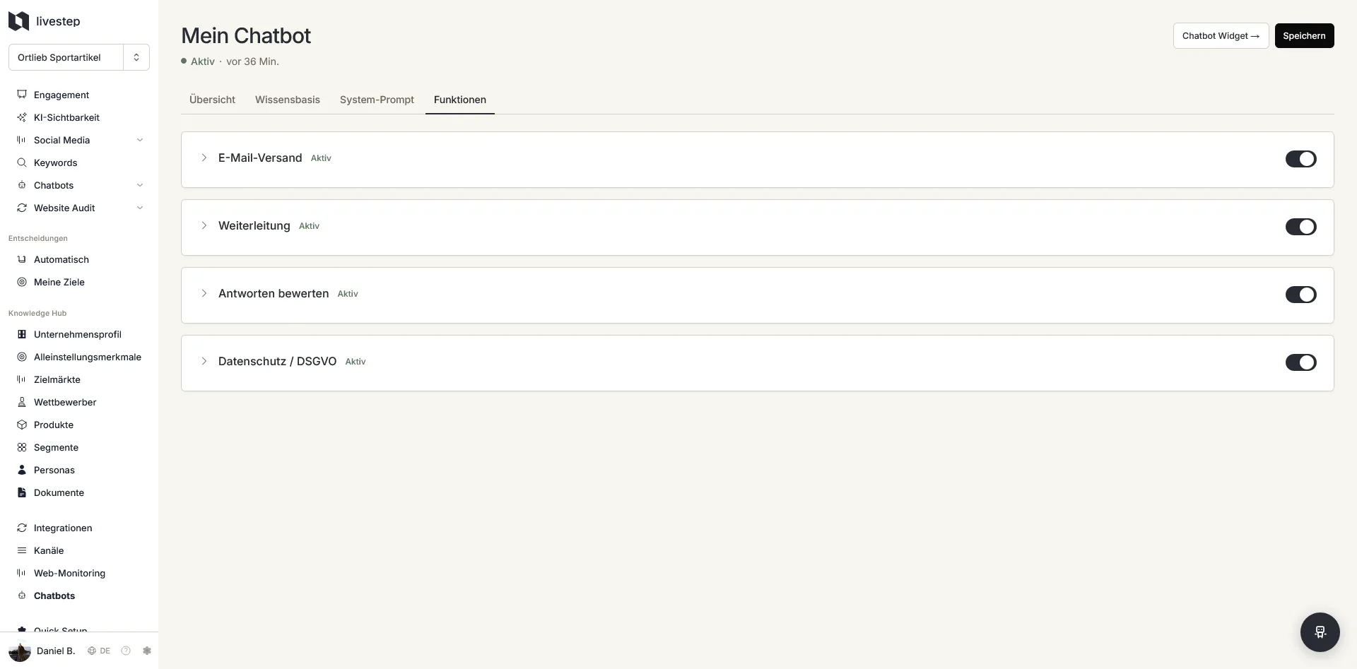 AI chatbot configuration and live view