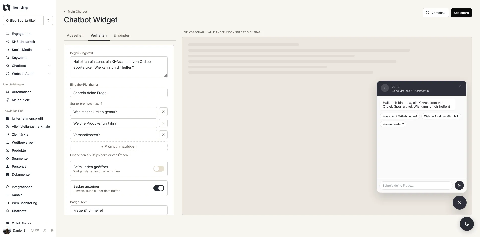 AI chatbot configuration and live view