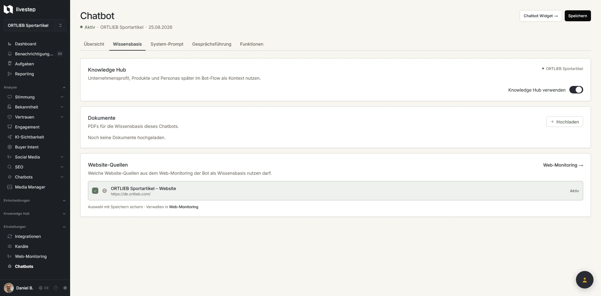 KI-Chatbot Konfiguration und Live-Ansicht